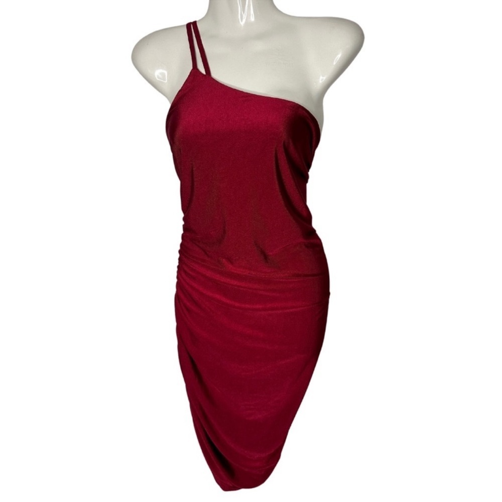 XL Red Double Strap One Shoulder Slinky Ruched Dress